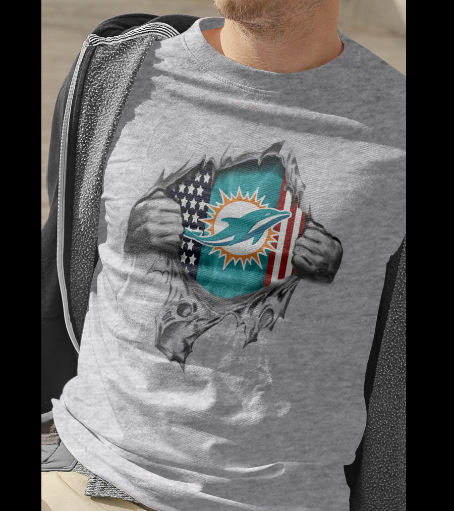American Flag Miami Dolphins Logo Peeking Through Torn T-Shirt