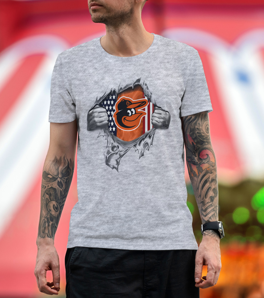 Baltimore Orioles American Flag Baseball Team Logo Peeling Layers T-Shirt