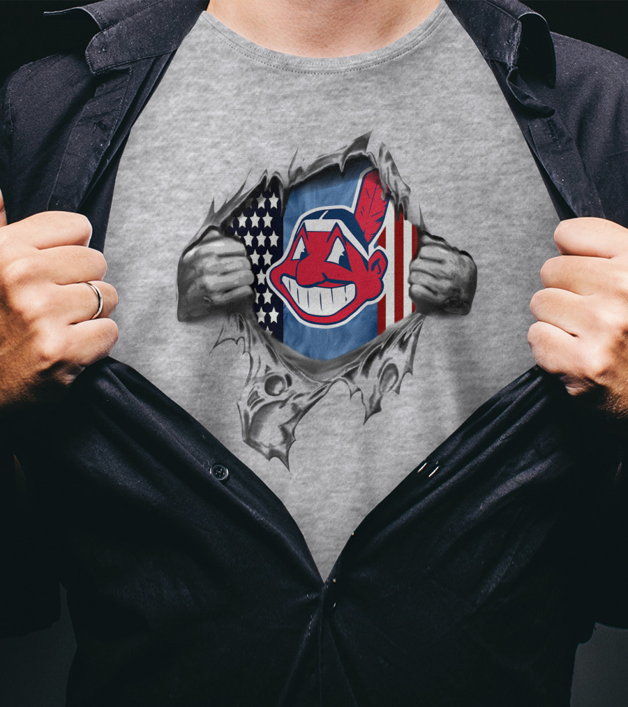 Cleveland Indians Chief Wahoo Flag American Flag Ripped T-Shirt