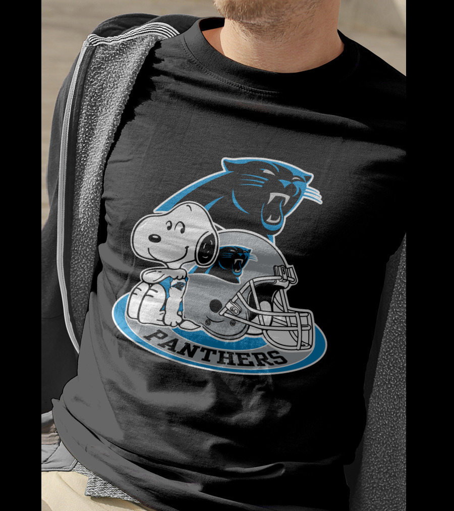 Snoopy Hugging Carolina Panthers Helmet With Team T-Shirt