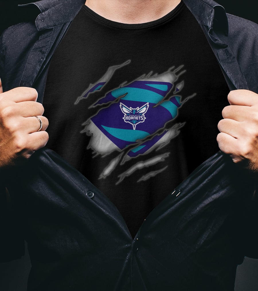 Charlotte Hornets Logo Ripped Superman Style T-Shirt
