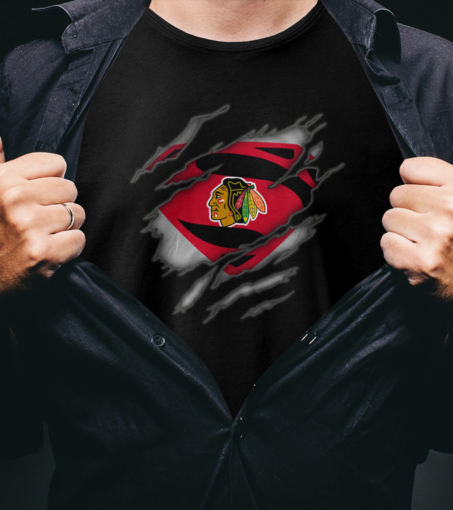 Chicago Blackhawks Superman Logo Claw Ripped Effect T-Shirt