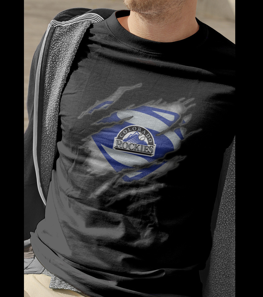 Colorado Rockies Emblem With Superman Style Rip Effect T-Shirt