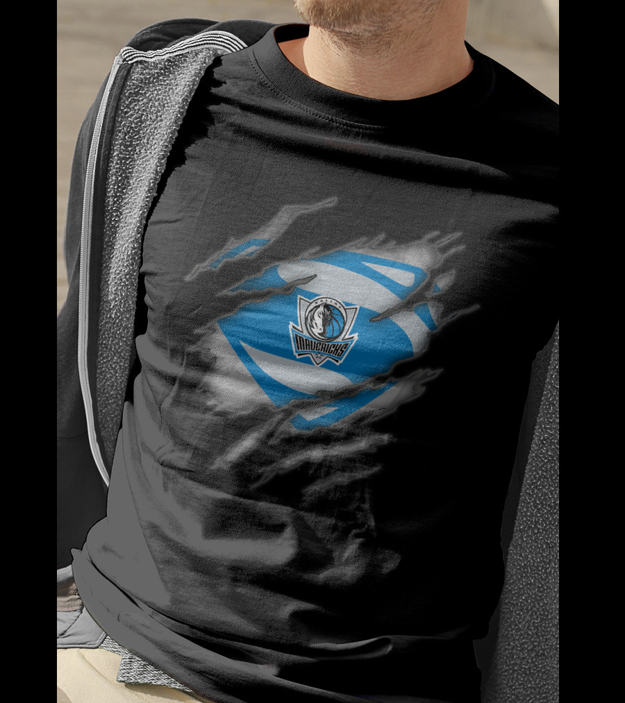 Dallas Mavericks Logo With Superman Style Costume Rip T-Shirt