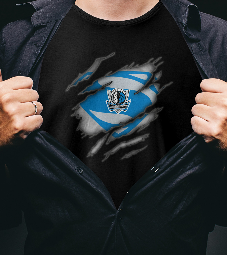 Dallas Mavericks Logo With Superman Style Costume Rip T-Shirt