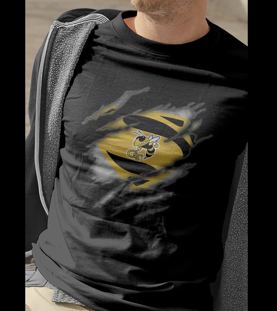 Georgia Tech Yellow Jackets Superman Logo Ripped Effect T-Shirt