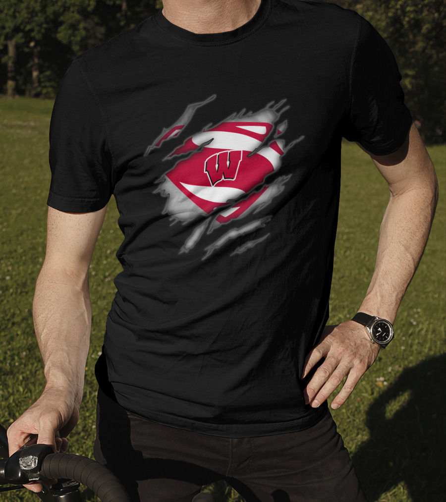 Wisconsin Badgers Logo With Superman Style Shield Print T-Shirt