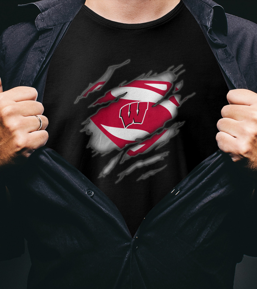 Wisconsin Badgers Logo With Superman Style Shield Print T-Shirt