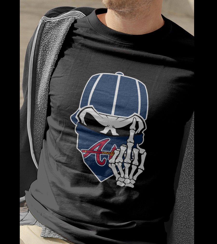 Atlanta Braves Skull Bandana And Skeleton Hand Gesture T-Shirt