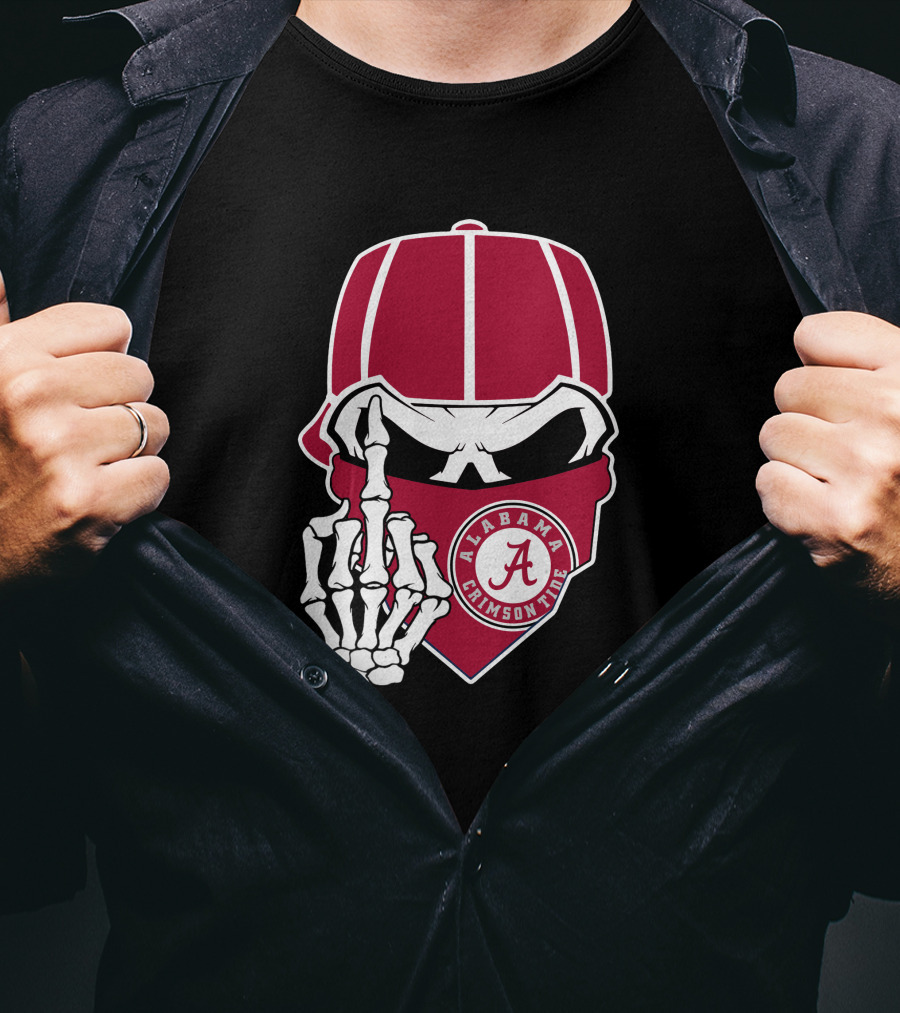 Alabama Crimson Tide Skull Skeleton Bandana Middle Finger T-Shirt