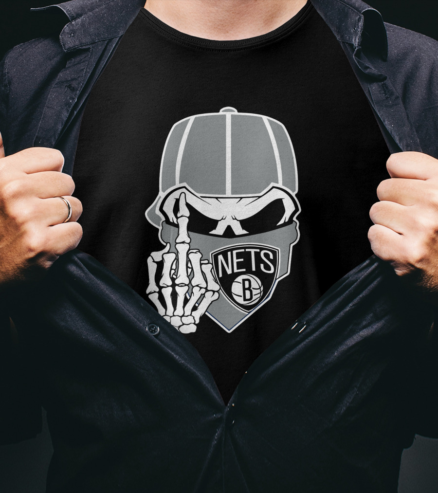 Brooklyn Nets Skull Skeleton Hand Gesture T-Shirt