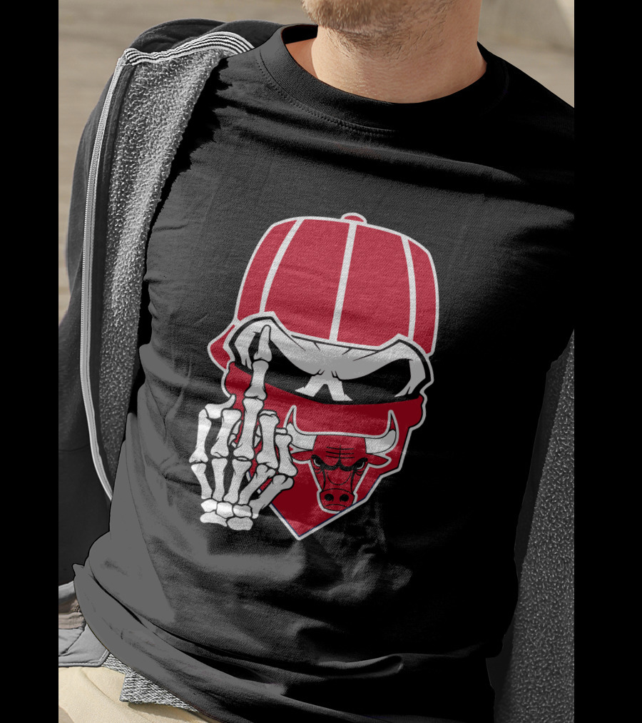 Chicago Bulls Skull Bandana Skeleton Hand Gesture T-Shirt