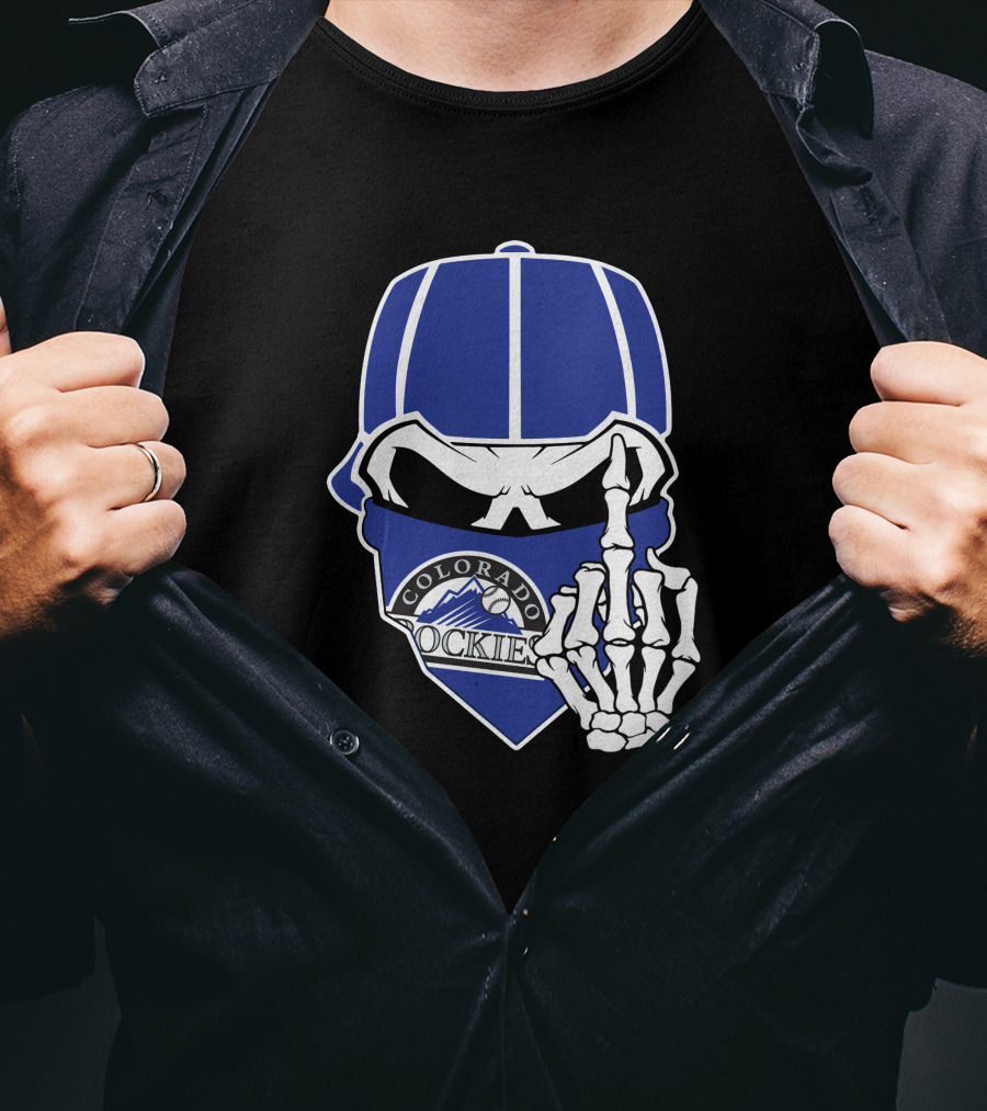 Colorado Rockies Skull Bandana With Skeleton Hand T-Shirt