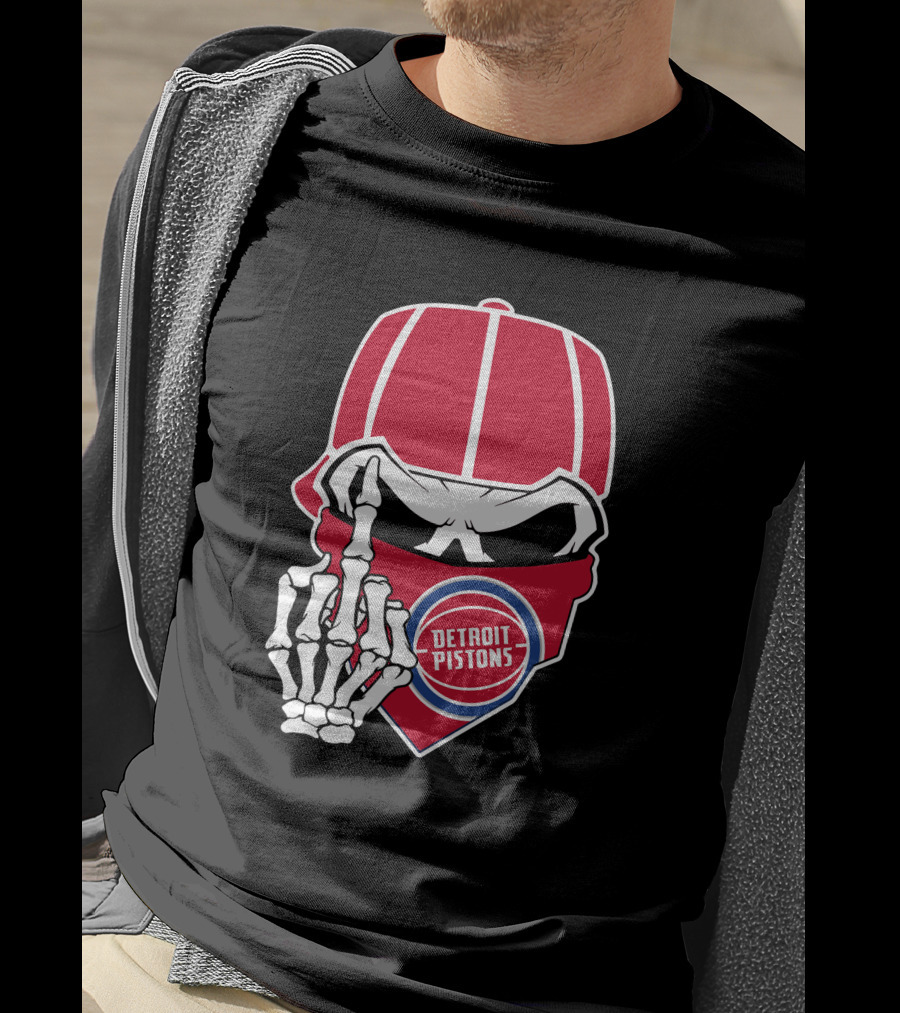 Detroit Pistons Skull Bandana Skeleton Gesture T-Shirt