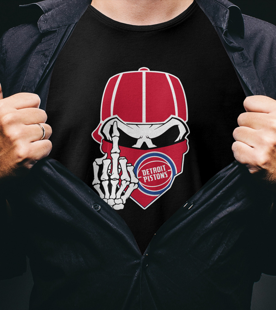 Detroit Pistons Skull Bandana Skeleton Gesture T-Shirt
