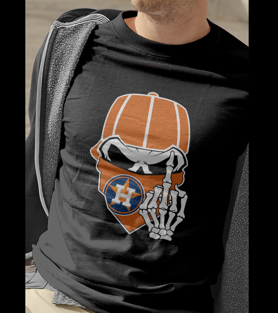 Houston Astros Skull With Cap And Skeleton Hand T-Shirt
