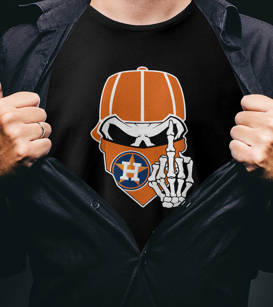 Houston Astros Skull With Cap And Skeleton Hand T-Shirt
