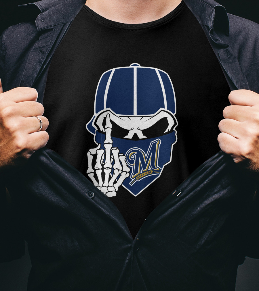 Milwaukee Brewers Skull And Skeleton Hand T-Shirt