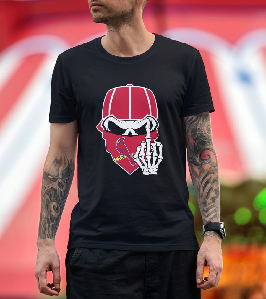 St Louis Cardinals Skull With Bandana And Skeleton Hand T-Shirt