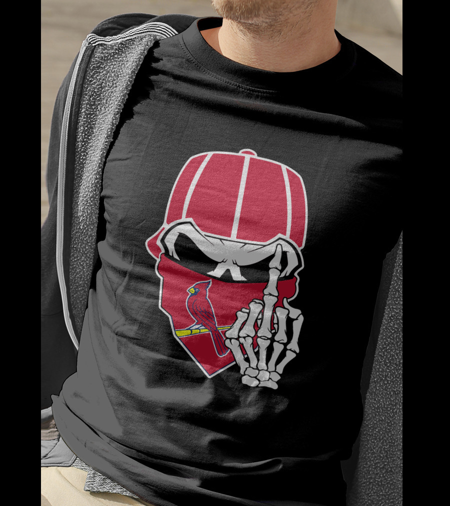 St Louis Cardinals Skull With Bandana And Skeleton Hand T-Shirt