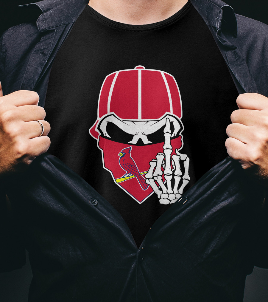 St Louis Cardinals Skull With Bandana And Skeleton Hand T-Shirt