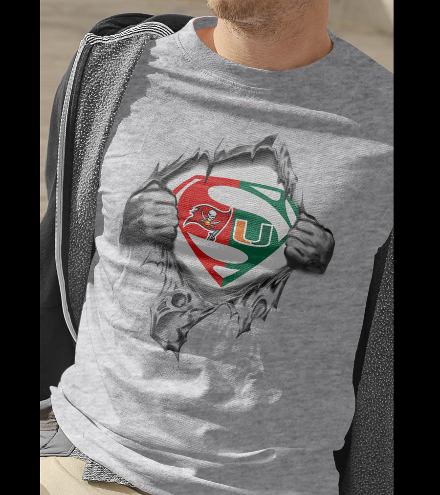 Superman Logo With Buccaneers And Miami Hurricanes Symbols Tear Reveal T-Shirt
