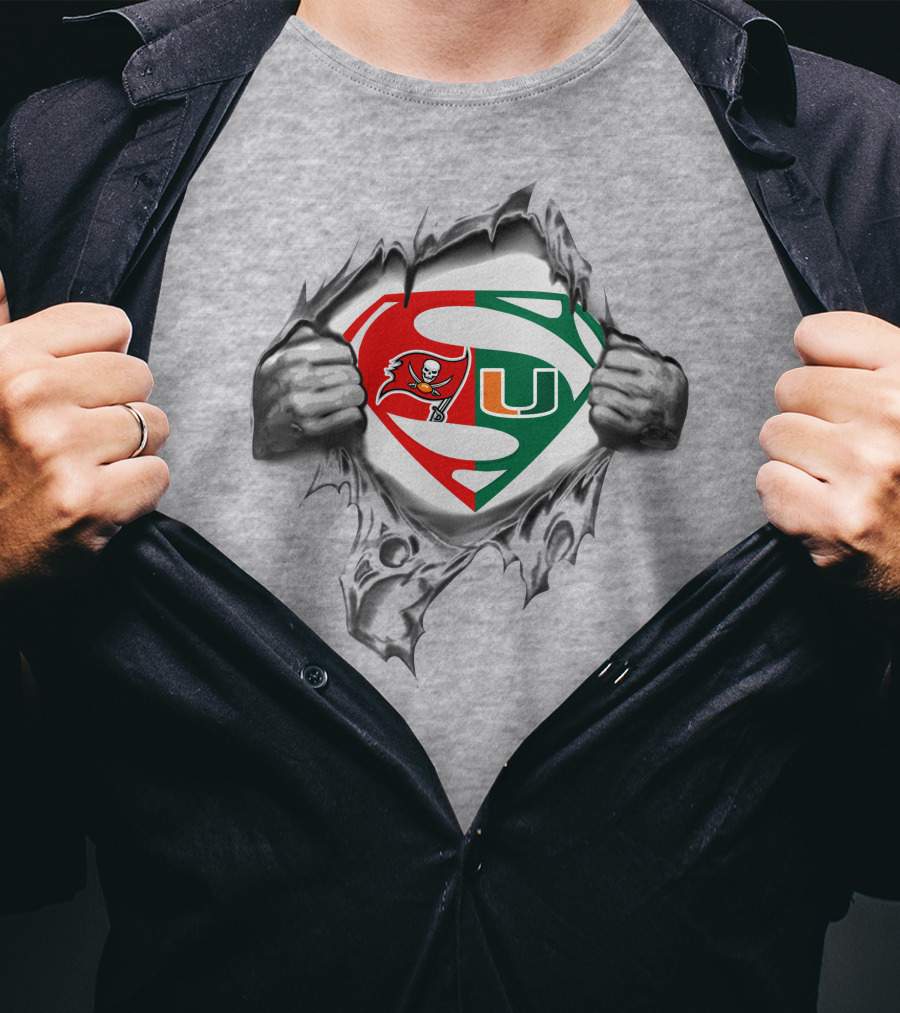 Superman Logo With Buccaneers And Miami Hurricanes Symbols Tear Reveal T-Shirt