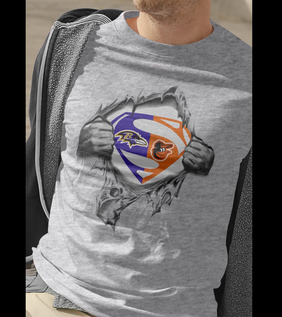 Superman Logo With Ravens And Baltimore Orioles Logos T-Shirt