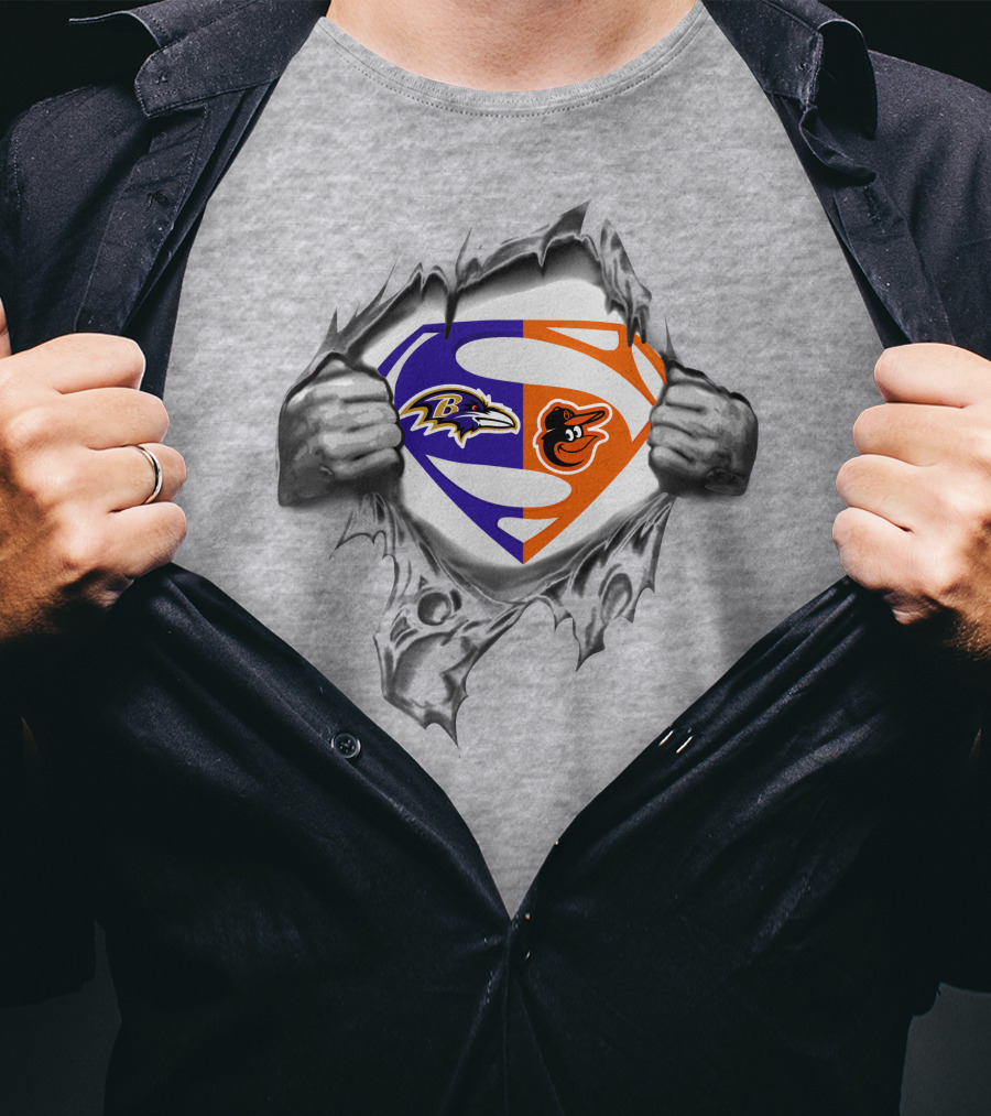 Superman Logo With Ravens And Baltimore Orioles Logos T-Shirt