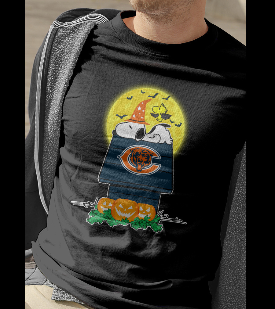 Snoopy And Woodstock With Chicago Bears Logo Halloween Scene T-Shirt