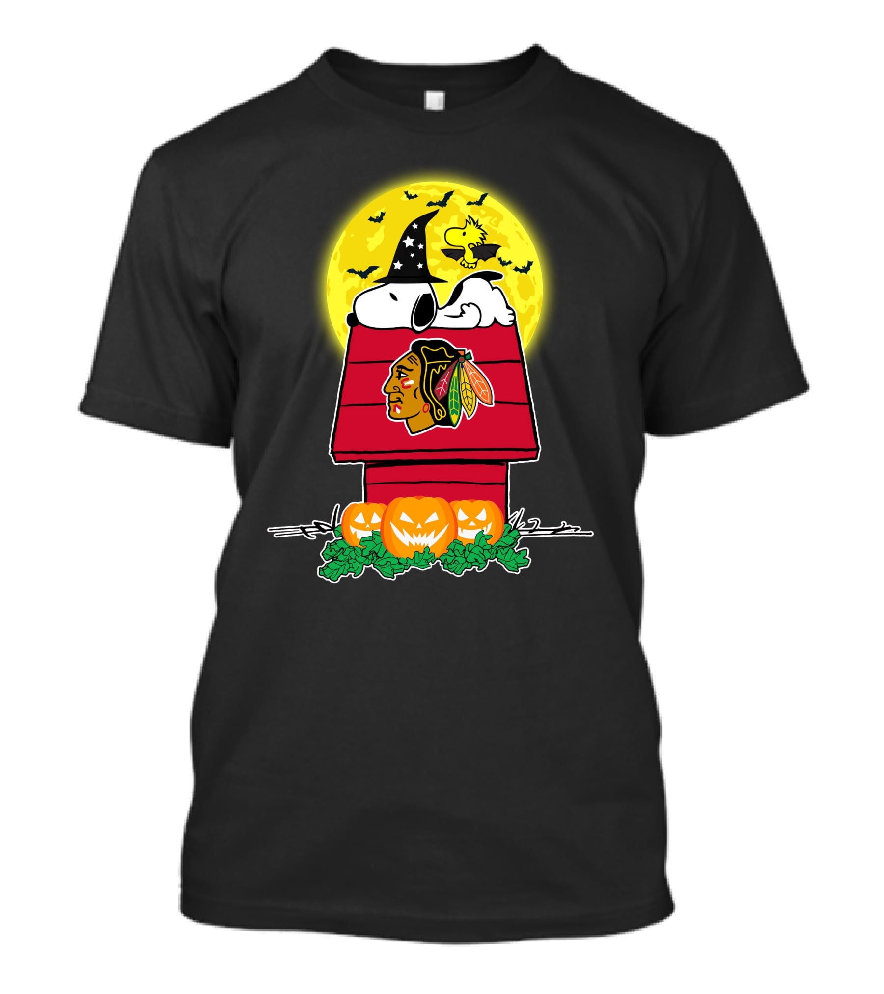 Chicago Blackhawks Snoopy Woodstock Halloween Pumpkins Full Moon T-Shirt