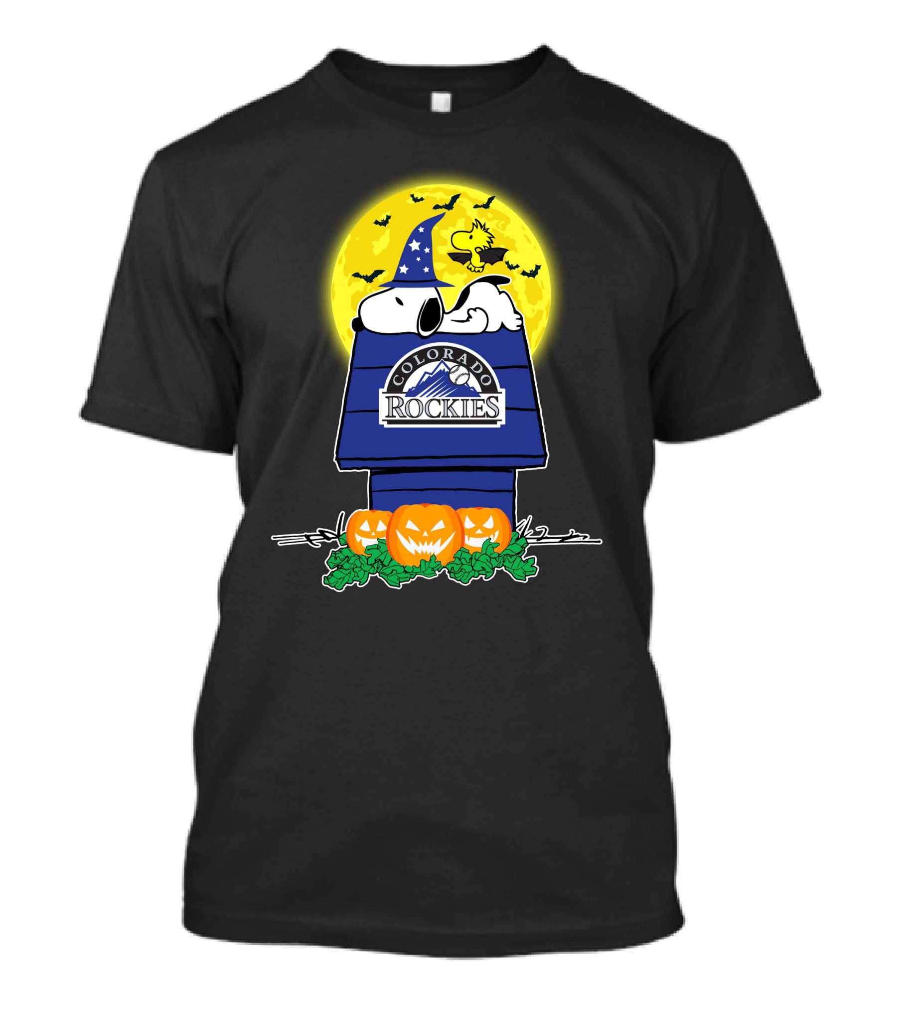 Colorado Rockies Snoopy Halloween Pumpkin Moon Woodstock T-Shirt
