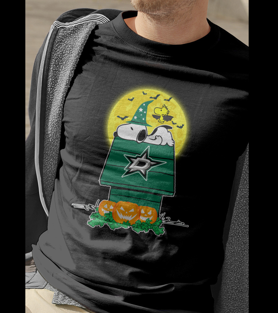Dallas Stars Snoopy Halloween Moon Pumpkins Woodstock T-Shirt