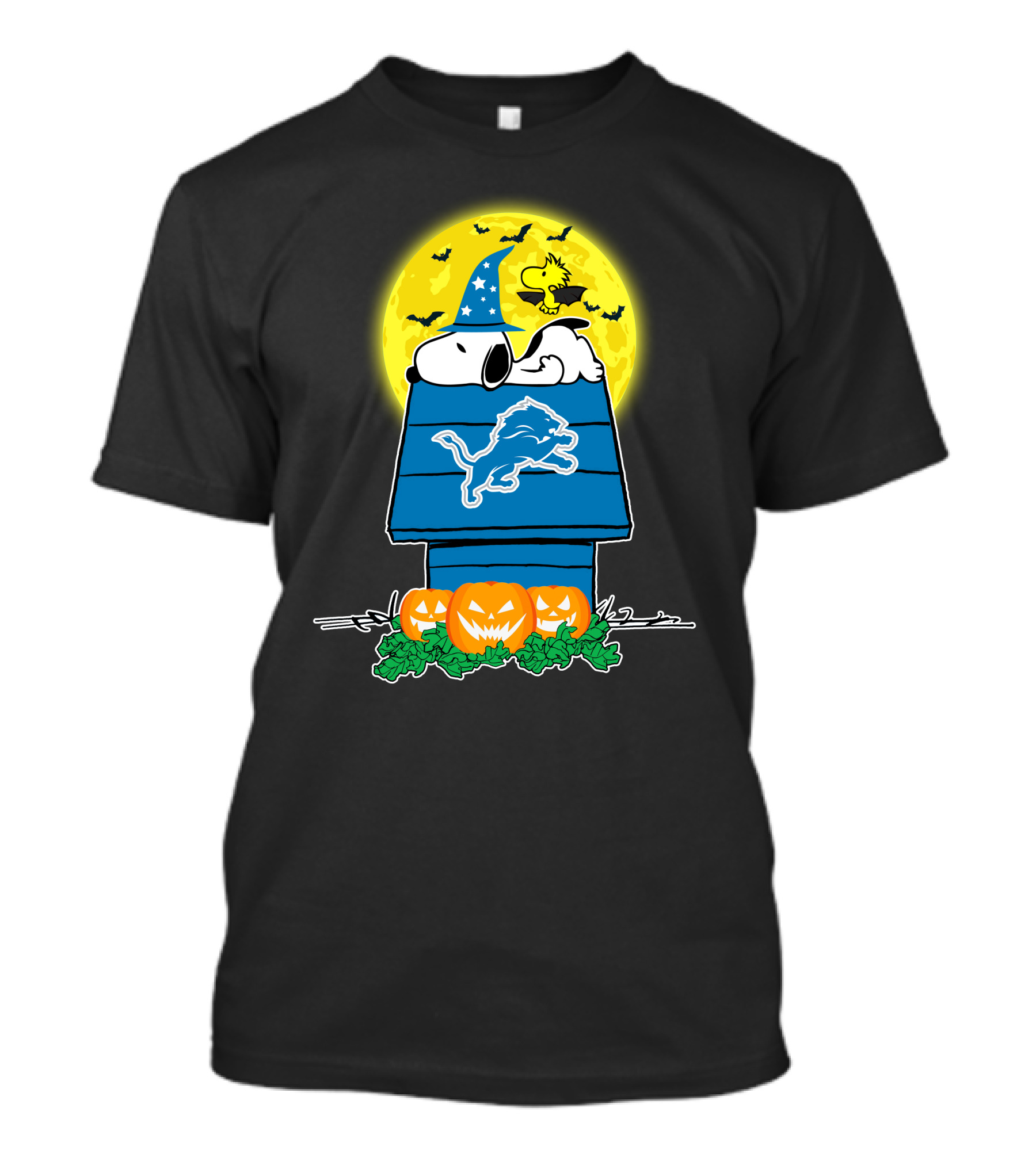 Detroit Lions Snoopy Halloween Pumpkins Woodstock Moon T-Shirt