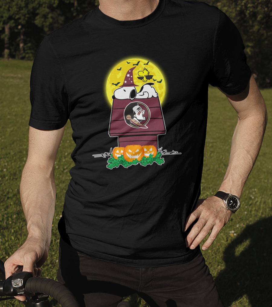 Florida State Seminoles Snoopy Halloween Peanuts Doghouse Pumpkins Moon Woodstock Bats T-Shirt