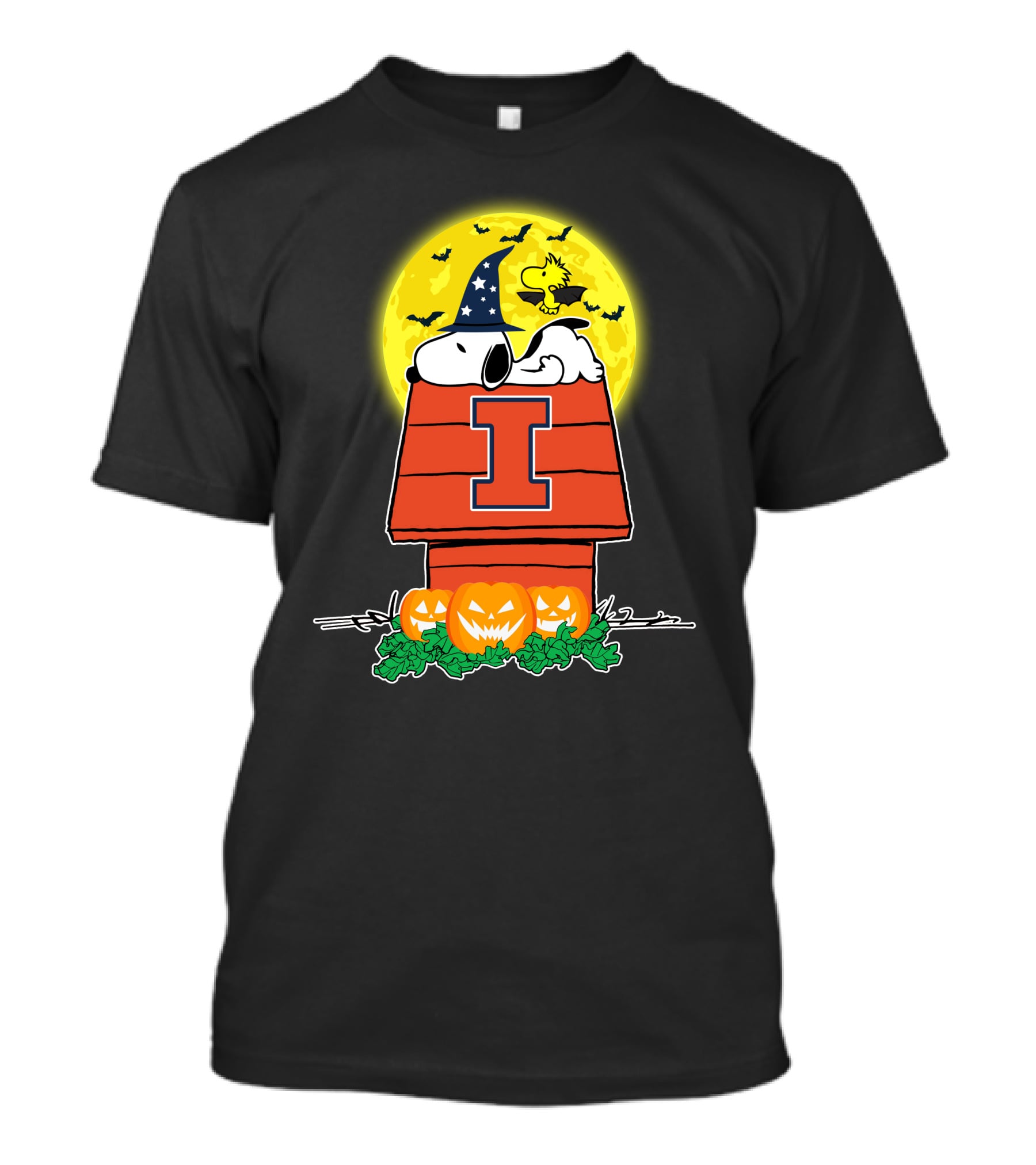 Illinois Fighting Illini Snoopy Woodstock Halloween Pumpkins Moon T-Shirt