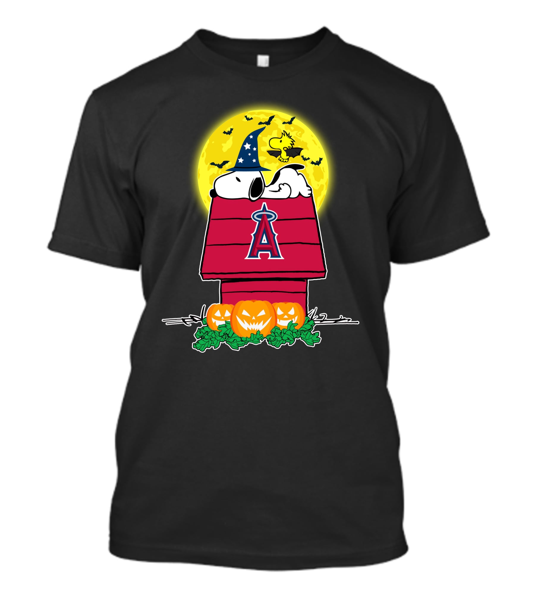 Los Angeles Angels Snoopy Halloween Moon Pumpkins Doghouse Woodstock T-Shirt