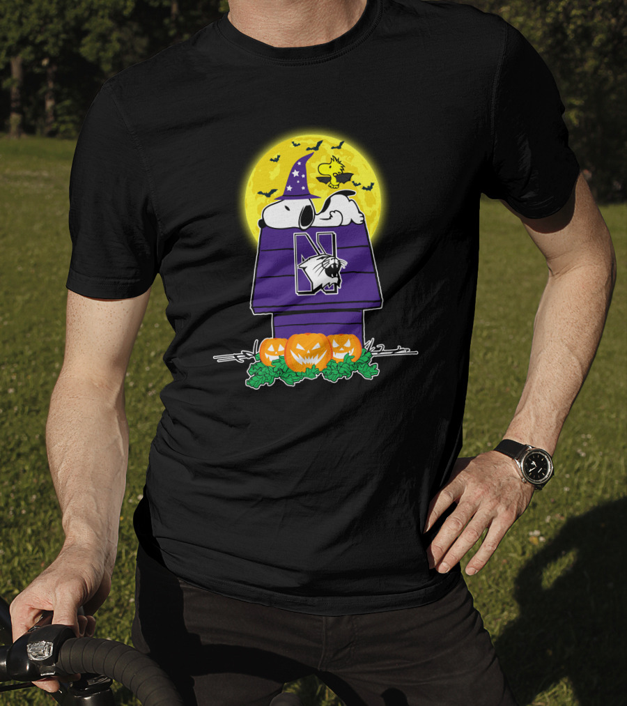 Northwestern Wildcats Snoopy Halloween Peanuts Moon Pumpkins Woodstock T-Shirt