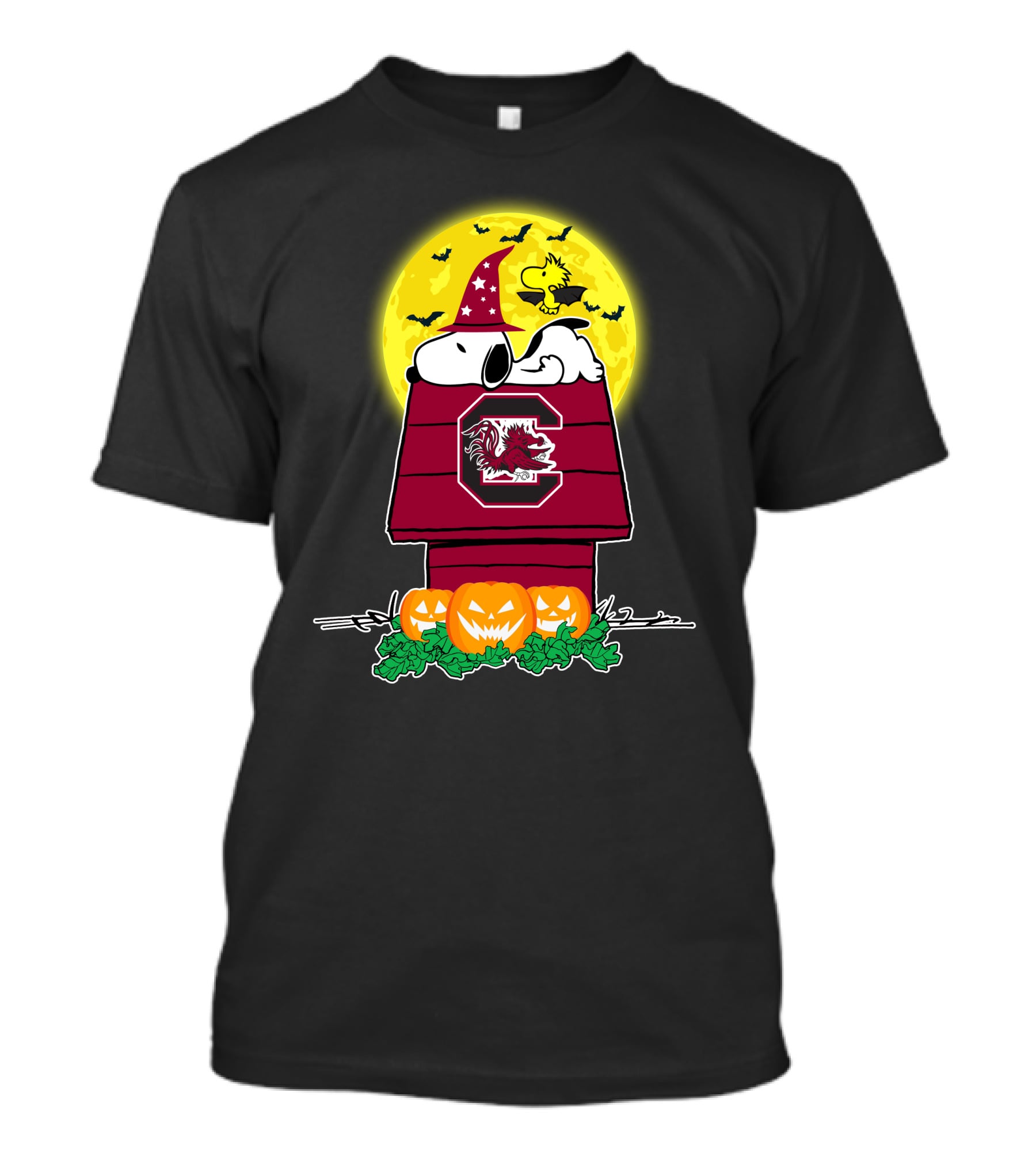 South Carolina Gamecocks Snoopy Woodstock Halloween Peanuts Pumpkins Moon T-Shirt
