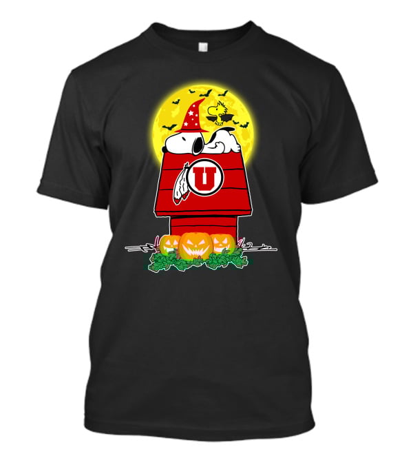 Utah Utes Snoopy Halloween Doghouse With Pumpkins And Full Moon T-Shirt