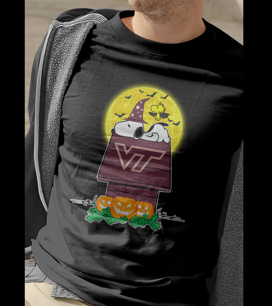 Virginia Tech Hokies Snoopy Woodstock Halloween Pumpkins Moon Bats T-Shirt