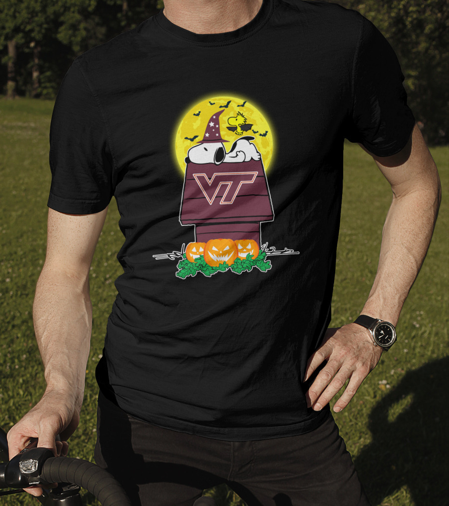 Virginia Tech Hokies Snoopy Woodstock Halloween Pumpkins Moon Bats T-Shirt
