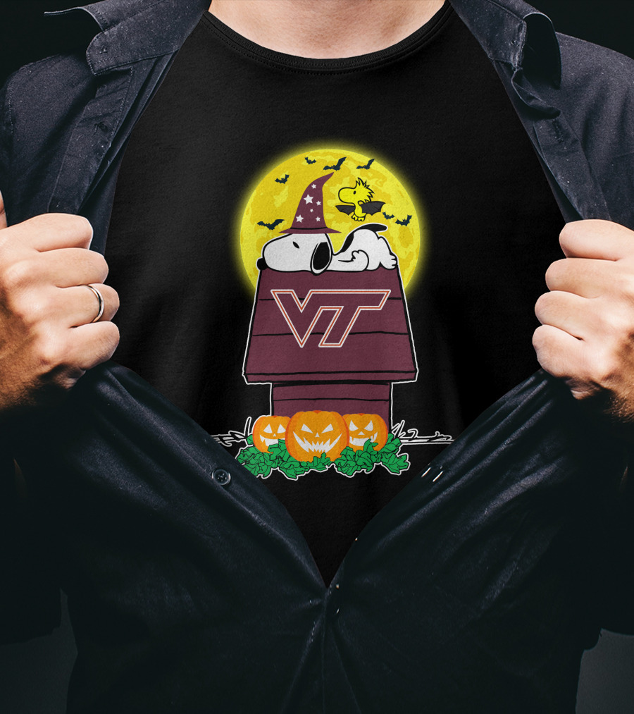 Virginia Tech Hokies Snoopy Woodstock Halloween Pumpkins Moon Bats T-Shirt