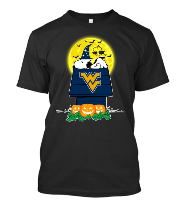 West Virginia Mountaineers Snoopy Halloween Moon Pumpkins Wizard Hat Woodstock T-Shirt