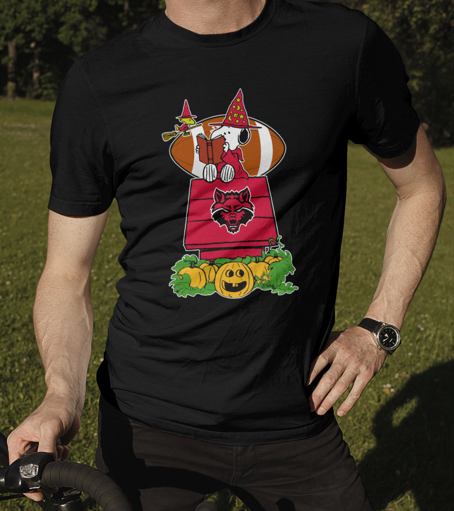 Snoopy Woodstock Witch Halloween Arkansas State Red Wolves Football Pumpkin Patch T-Shirt