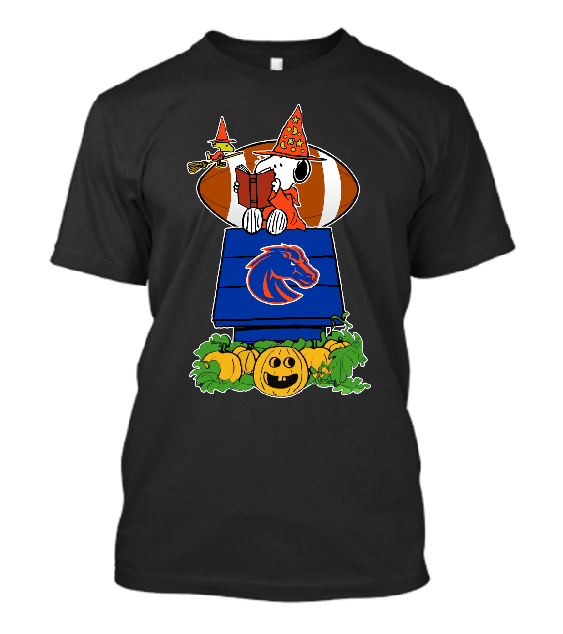 Boise State Broncos Halloween Snoopy Reading On Doghouse With Pumpkins And Football T-Shirt