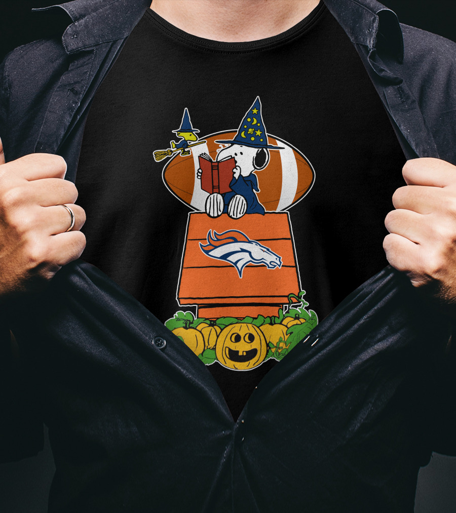 Denver Broncos Snoopy Halloween Football Wizard Pumpkin Scene T-Shirt