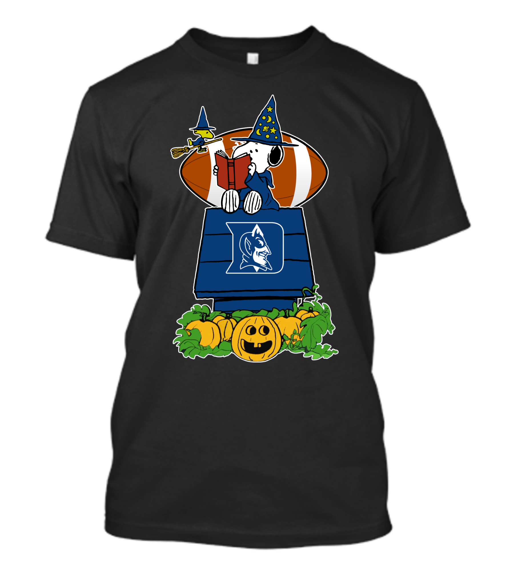 Duke Blue Devils Snoopy Halloween Peanuts Witch Woodstock Football Jack-O'-Lantern T-Shirt