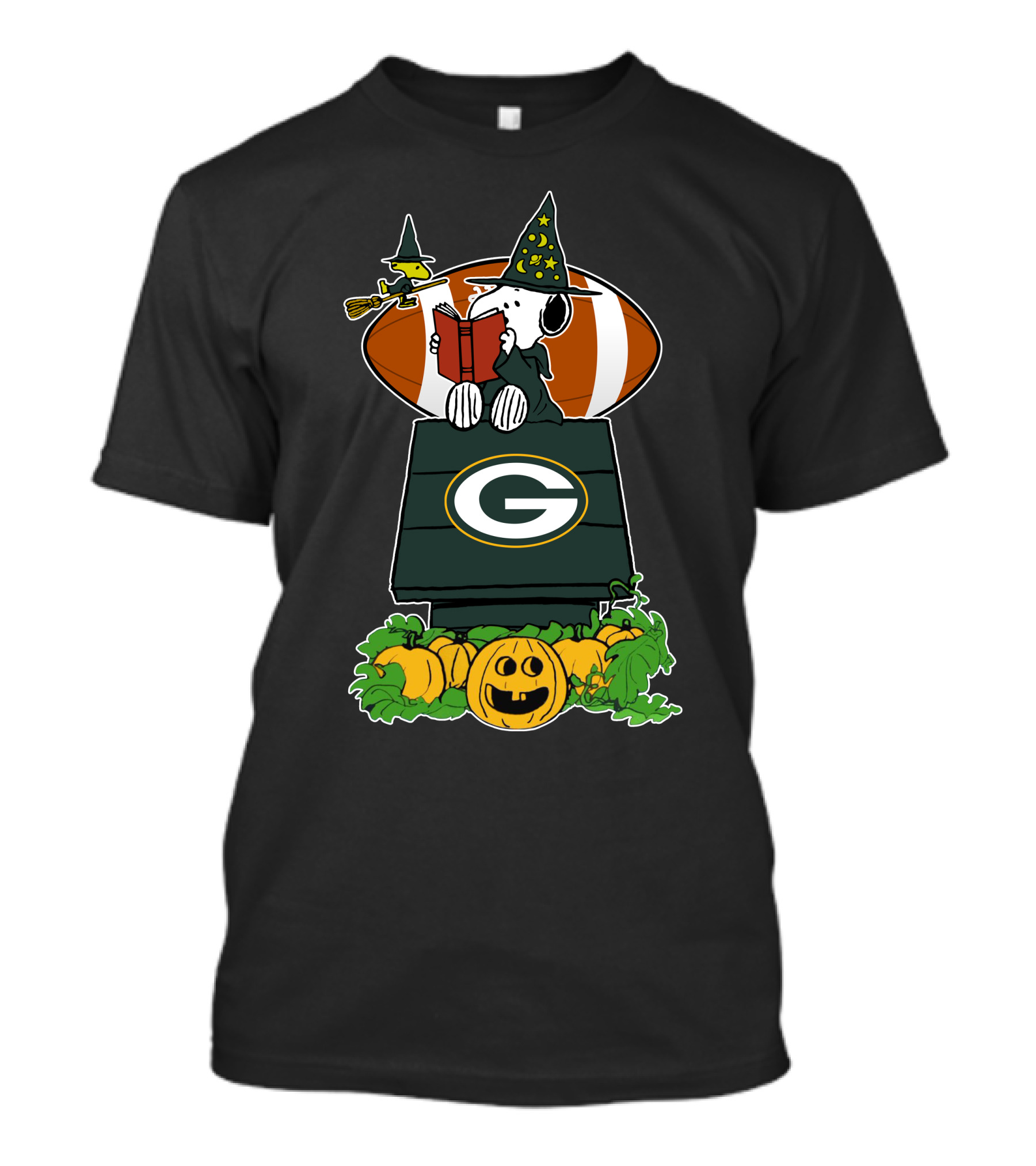 Green Bay Packers Halloween Snoopy And Woodstock Witch With Football And Pumpkins T-Shirt