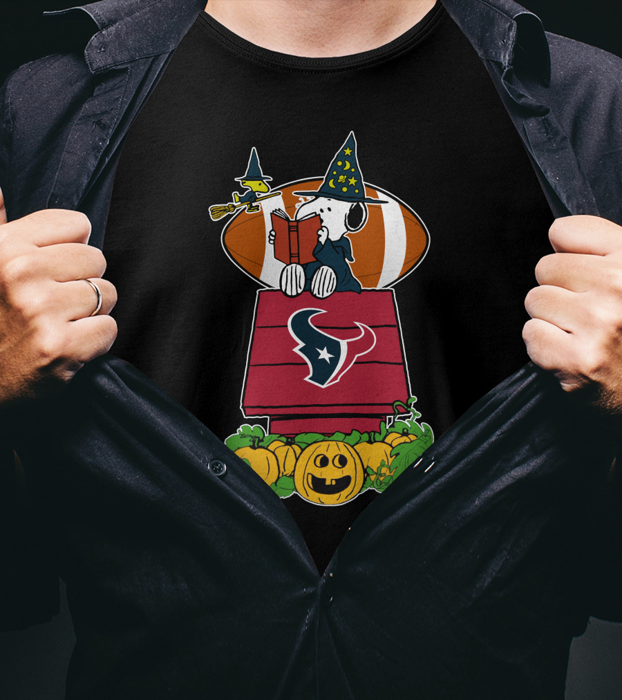 Houston Texans Snoopy Halloween Witch Hat Jack-O'-Lantern Football T-Shirt